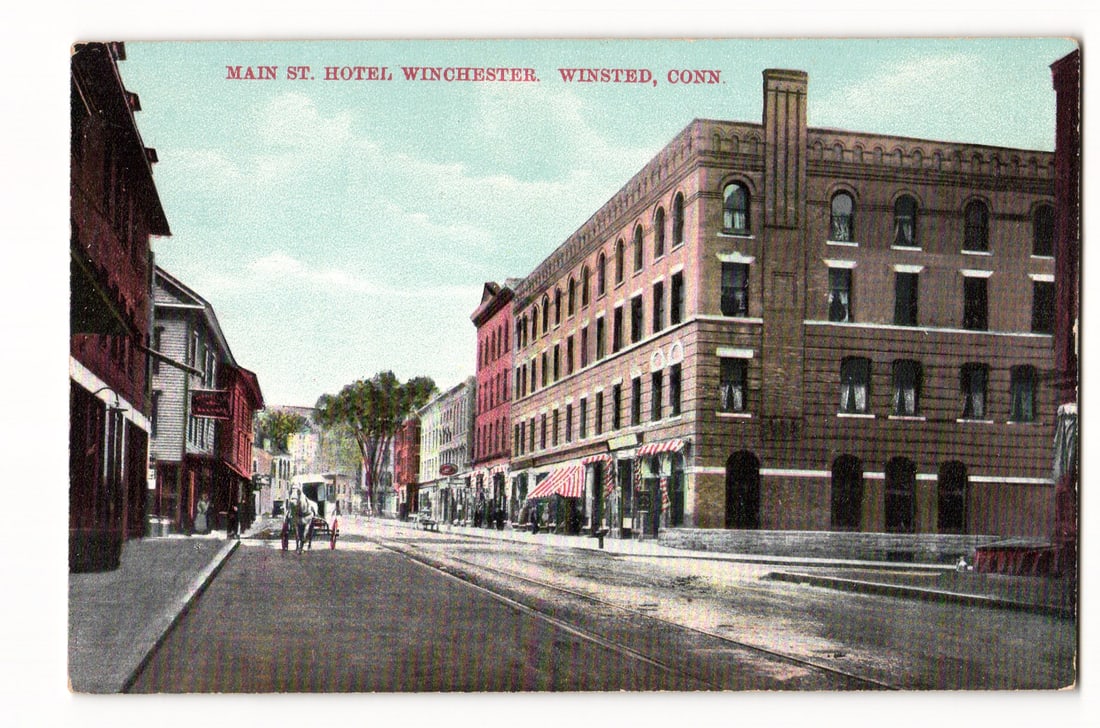 Main St. Hotel, Winchester. Winsted, Conn. Early 20th Century Street Scene Colorized Postcard (1 of 2)