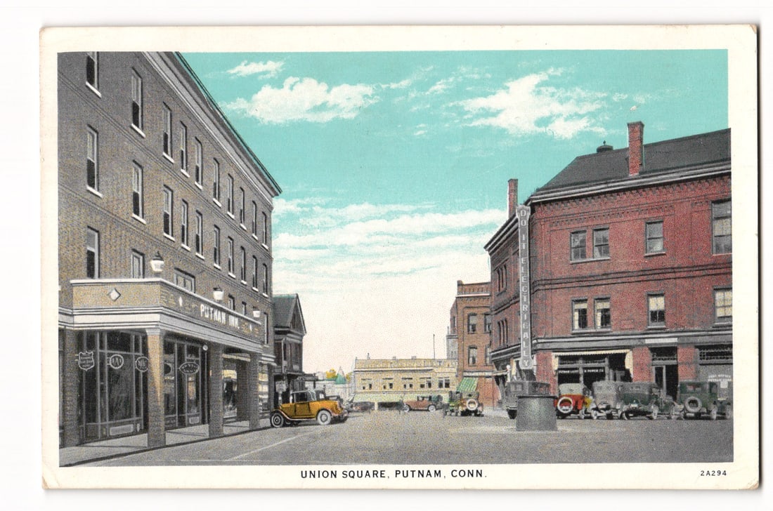 Street View of Union Square, Putnam, Connecticut, circa 1934, with Hotel Putnam postcard. (1 of 2)