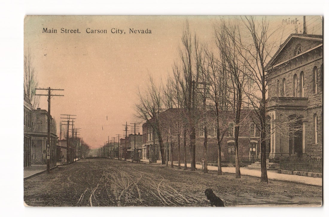 Main Street, Carson City, Nevada, with view of the Mint, early 20th century photo postcard. (1 of 2)
