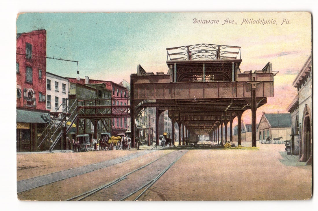 Delaware Ave., Philadelphia, Pa. Elevated Railway Scene, Early 20th Century Colorized Postcard (1 of 2)