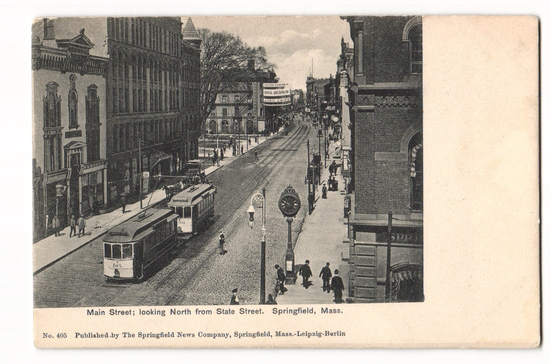 Early 20th Century Street Scene, Main Street, Springfield, Massachusetts, circa 1905 postcard. (1 of 2)