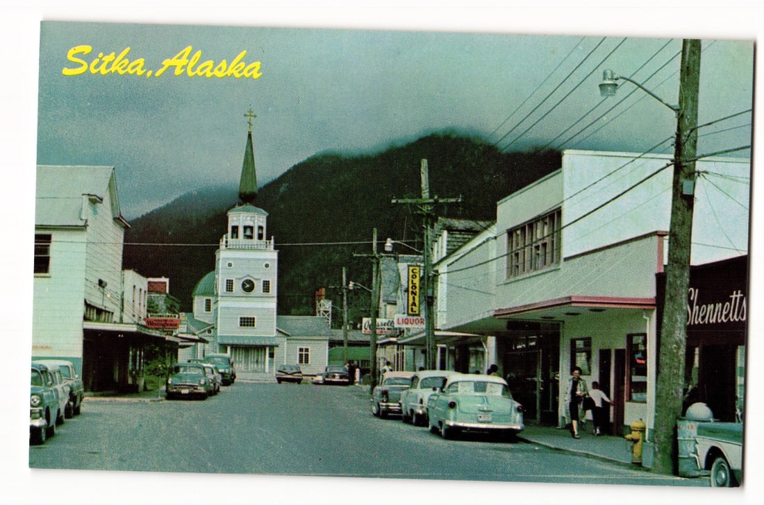Postcard: Sitka, Alaska, Main Street looking towards St. Michael Cathedral, founded in 1799 (1 of 2)
