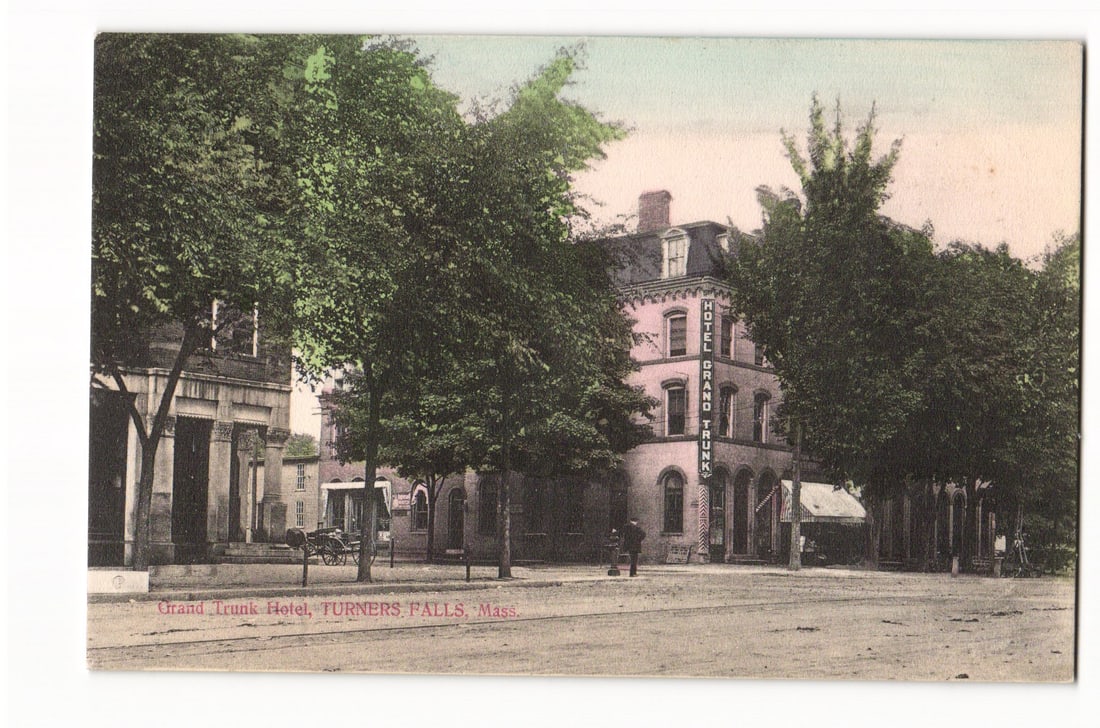 Postcard: Grand Trunk Hotel on Corner, Street View with Trees, Turners Falls, Massachusetts. (1 of 2)