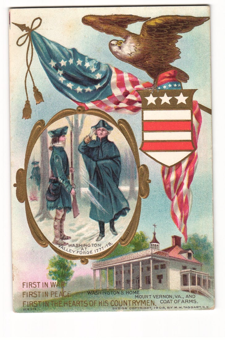 Patriotic Postcard: George Washington, Valley Forge, Mount Vernon, U.S. Flags & Eagle, 1908: This embossed color lithograph postcard features a composite patriotic design. At the top, a brown and white American bald eagle clutches a flagpole from which two American flags are draped: one appea