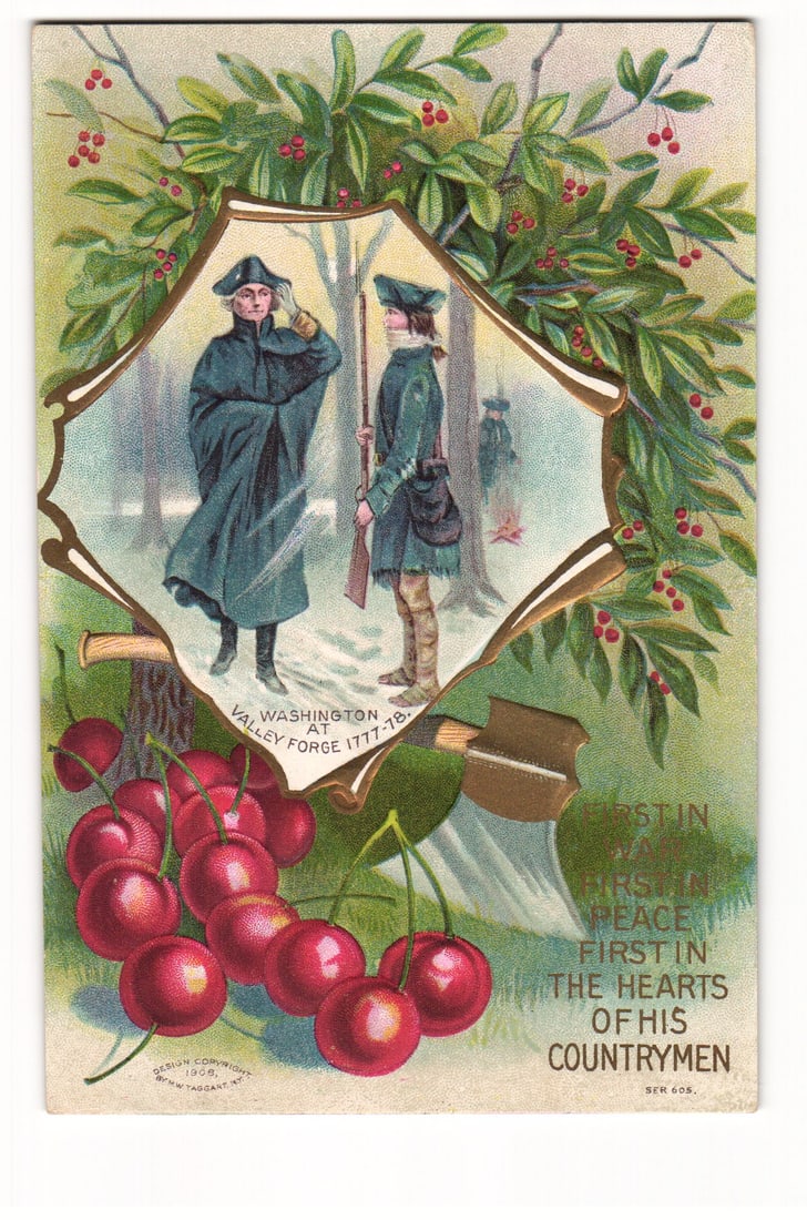 Postcard: Washington at Valley Forge 1777-78 with Cherries & Hatchet, 1908 Copyright: A chromolithograph postcard with embossed elements. The central image, framed in a decorative shield-like border with gold accents, depicts two figures in 18th-century military attire in a snowy, wood