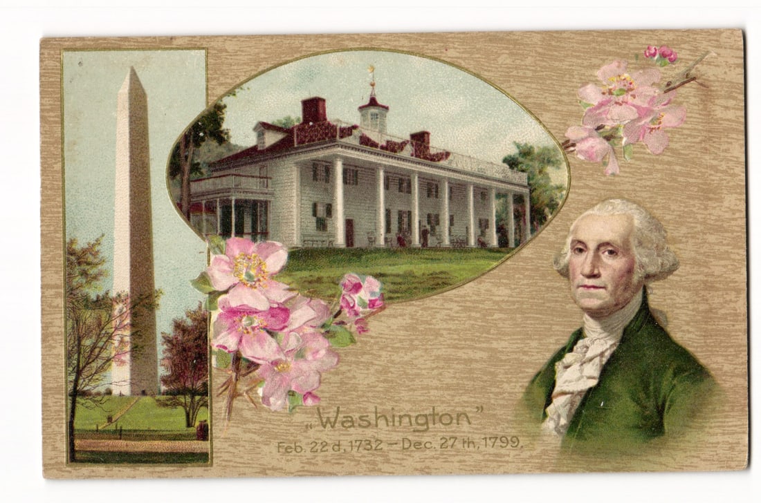 George Washington Commemorative Postcard: Mount Vernon, Monument, Dates Feb 1732 - Dec 1799 (1 of 2)