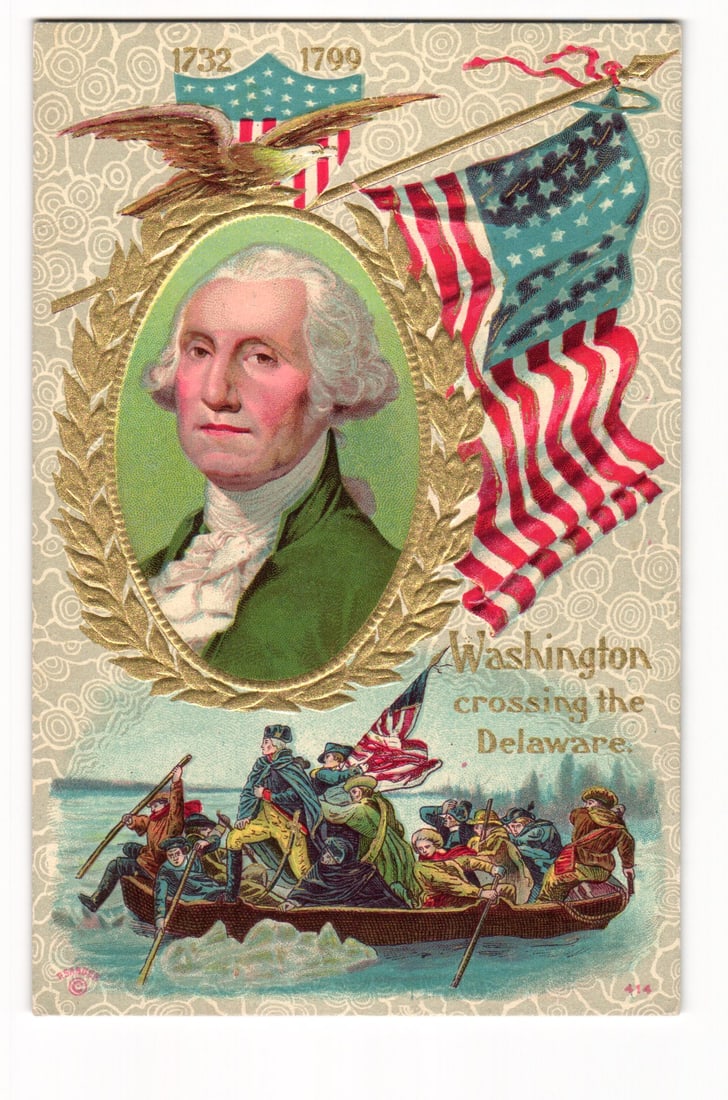 Patriotic George Washington Portrait & Delaware Crossing Scene, Embossed Color Postcard 1732-1799 (1 of 2)