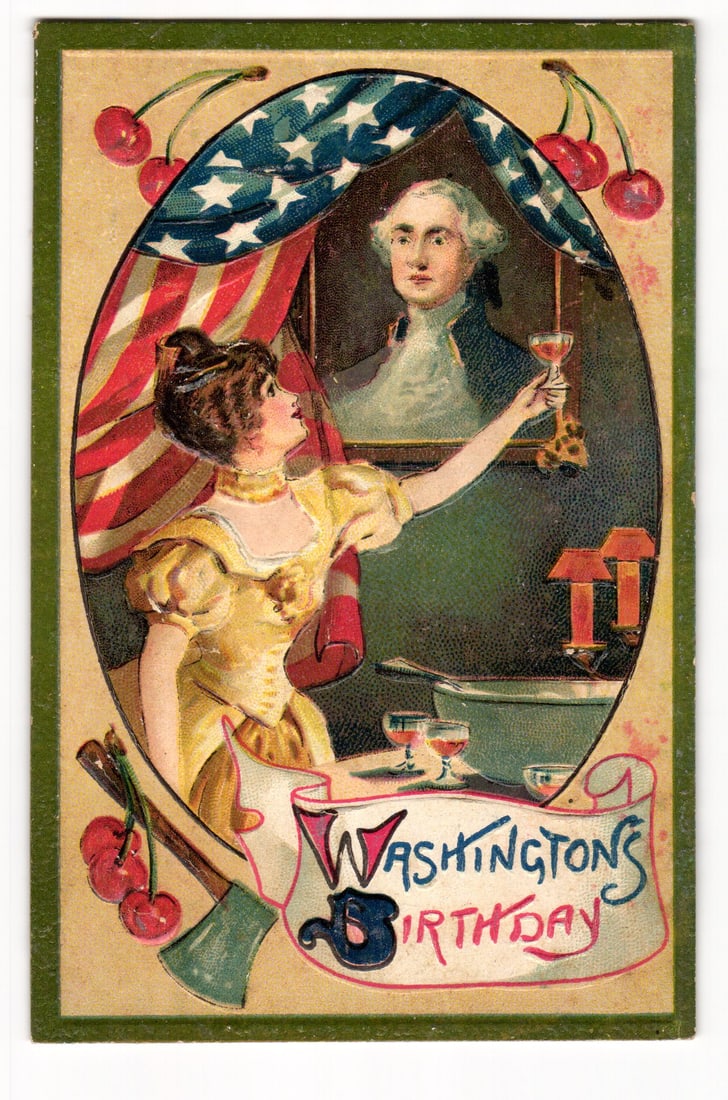 Washington's Birthday Postcard: Woman Toasts Portrait, US Flag, Cherries, Axe, Embossed Scene (1 of 2)