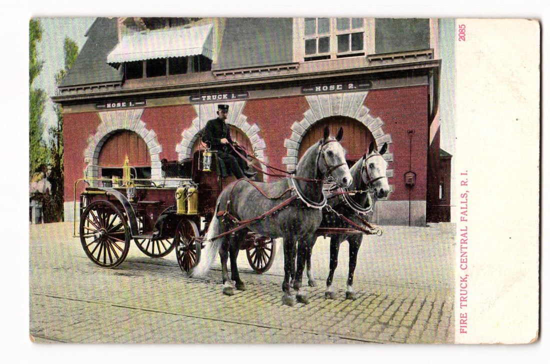 Fire Truck, Central Falls, R.I. Horse-Drawn Apparatus, Early 20th Century Lithograph Postcard (1 of 2)