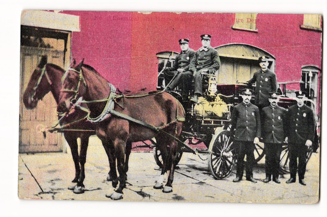 Postcard: No. 1205 Chemical and Hose Wagon, No. 1. Fire Dept., Brownville N.Y., dated 1910 (1 of 2)