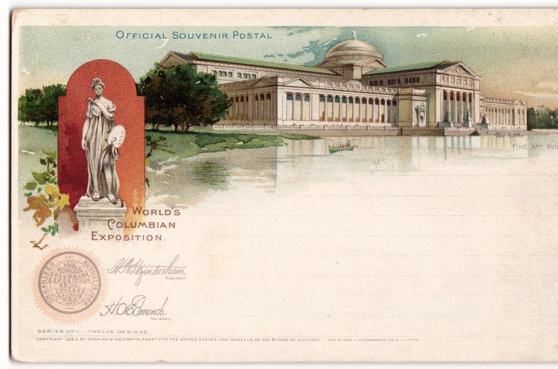 1893 World's Columbian Exposition Fine Art Building, Official Souvenir Postal Card, Chicago (1 of 2)