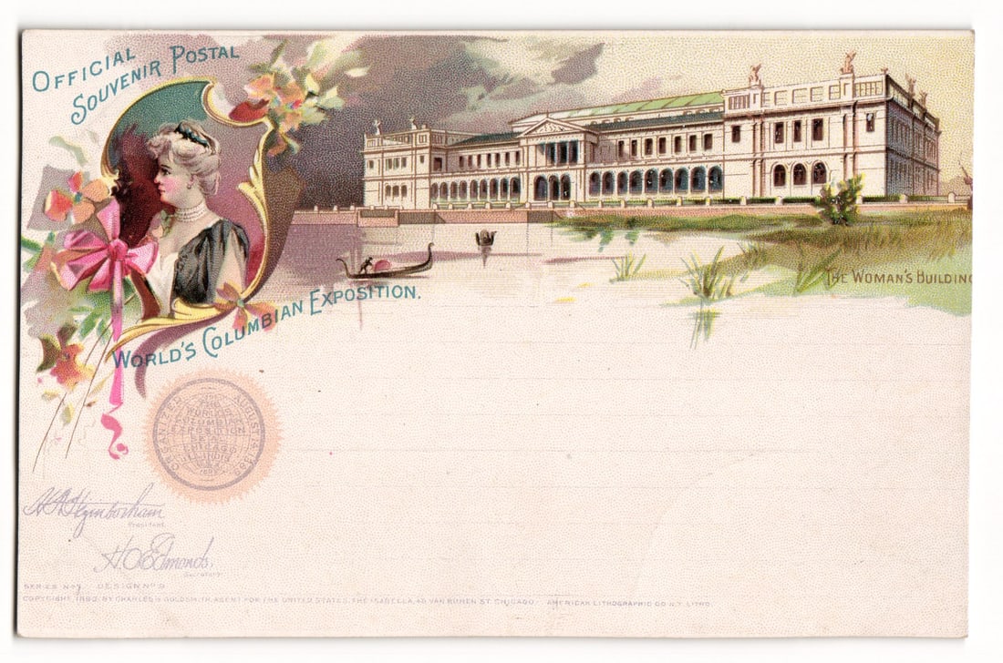 Official Souvenir Postal: World's Columbian Exposition, The Woman's Building, 1892 postcard: A color lithograph depicts The Woman's Building at the World's Columbian Exposition. The building, rendered in light tones with a green roof, is shown from a perspective across a body of water, with a