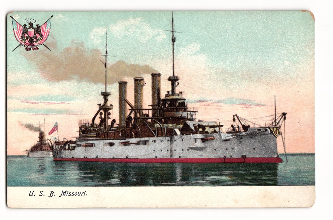 U.S.B. Missouri Battleship, Early 20th Century Naval Illustration Postcard, Series 72.-19: A color illustration depicts the U.S.B. Missouri, a battleship, shown from a port side perspective, on calm waters. The vessel features three prominent smokestacks, multiple gun turrets, and masts. A