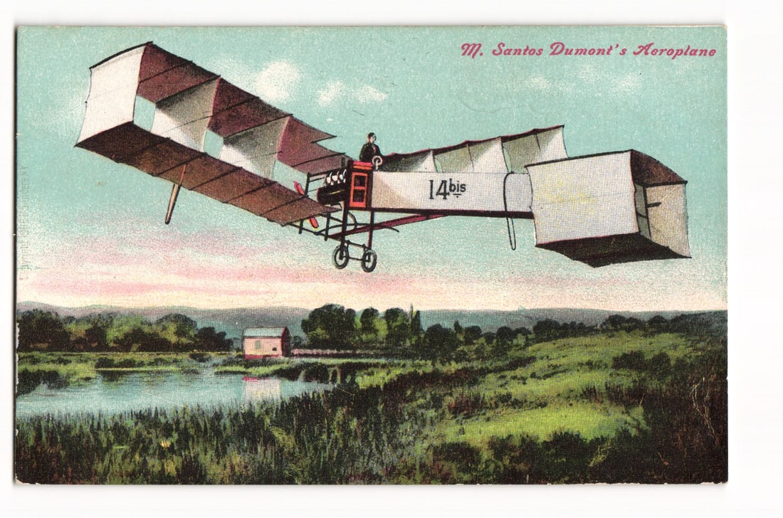 M. Santos Dumont's 14bis Aeroplane in Flight Over Rural Landscape, Early Aviation Postcard (1 of 2)