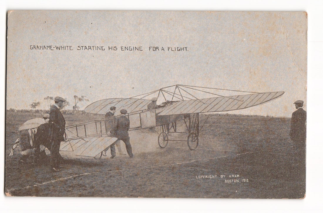 Grahame-White Starting Engine For Flight, Early Aviation, Aram Boston 1910, Sepia postcard (1 of 2)