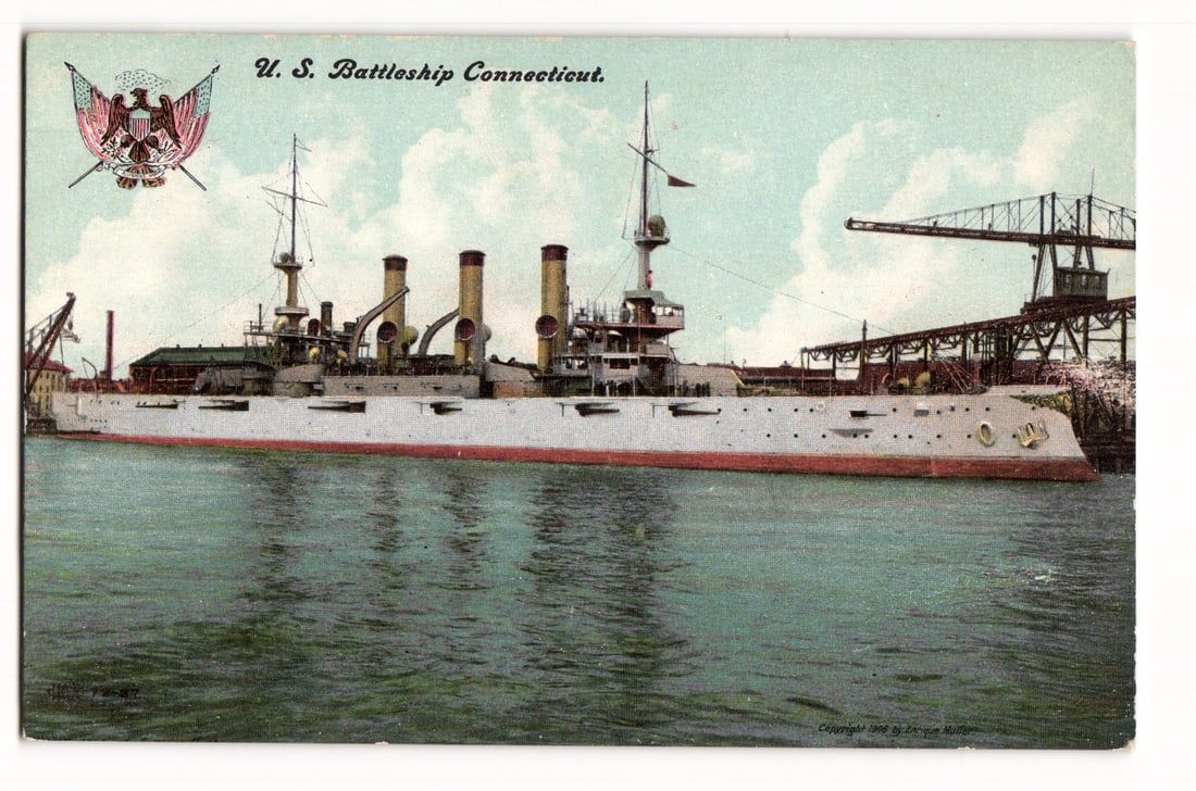 U.S. Battleship Connecticut, 1908 Enrique Muller Copyright, Colorized Naval Postcard: A colorized image depicts the U.S. Battleship Connecticut, shown from its port side, afloat in calm water. The warship features multiple gun turrets, three prominent yellow funnels with black tops, an