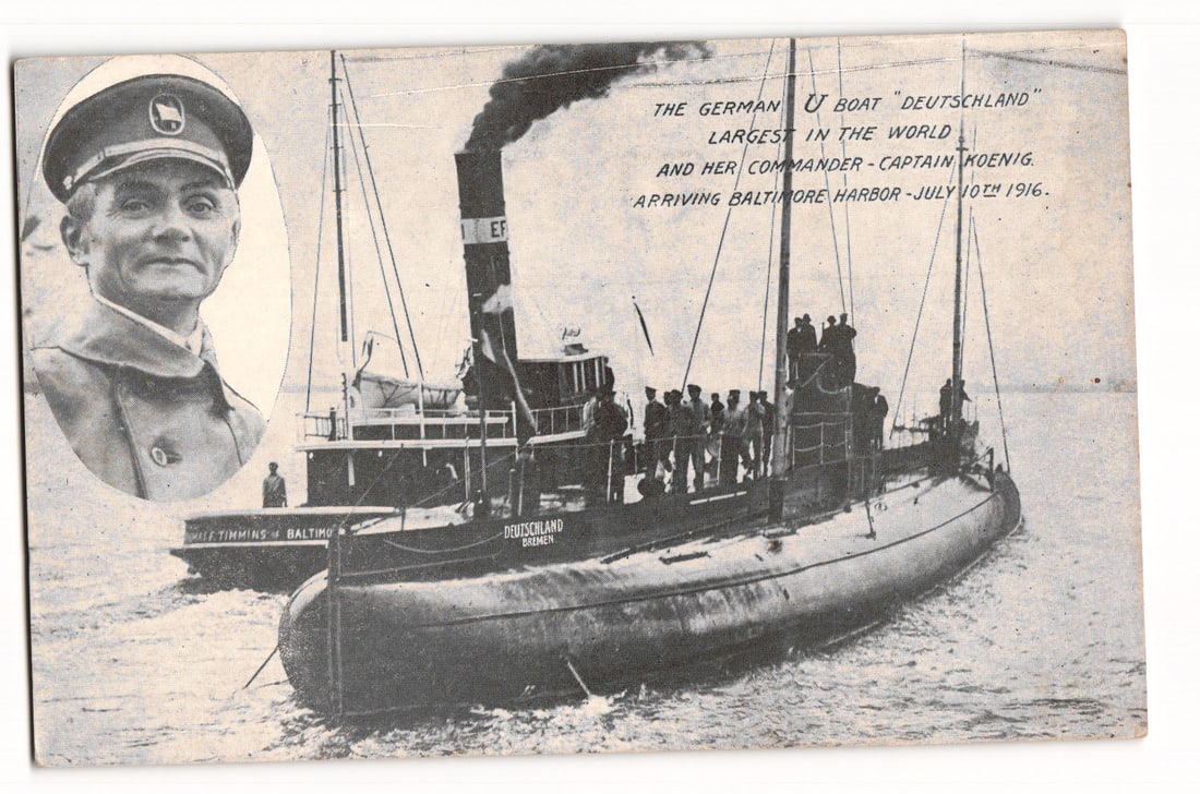 German U-Boat "Deutschland" & Capt. Koenig, World's Largest, Baltimore Arrival 1916 postcard (1 of 2)