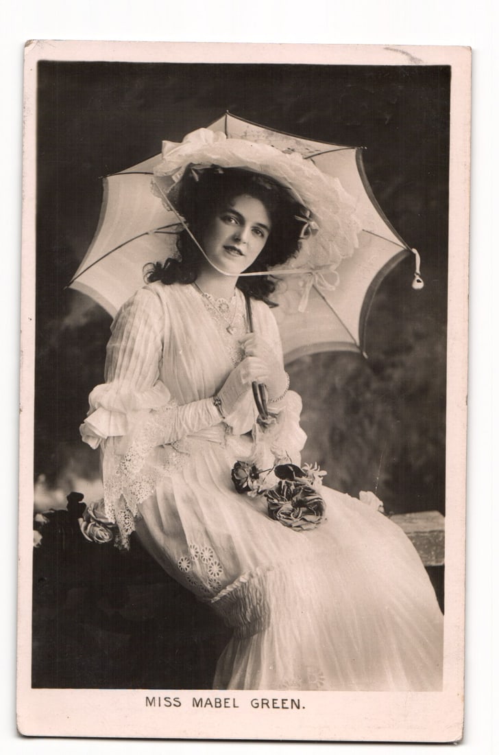 Real Photo Postcard of Miss Mabel Green with Parasol, an Edwardian Era Portrait, circa 1907. (1 of 2)