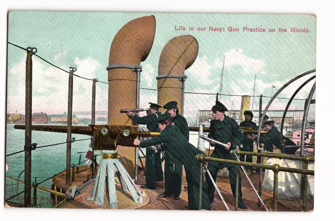 Colorized Postcard "Life in our Navy: Gun Practice on the Illinois," Early 20th Century: A colorized printed postcard depicting a scene on the deck of a naval vessel, identified as the Illinois. Several sailors in dark blue uniforms and hats are engaged in gun practice. One sailor aims a