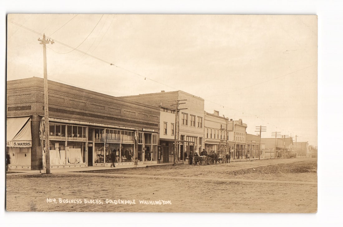 Real Photo Postcard: No 4. Business Blocks, Goldendale, Washington, Street View, Early 1900s (1 of 2)