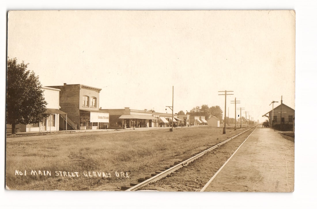 Main Street, Gervais, Oregon, early 20th century streetscape with railroad tracks postcard (1 of 2)