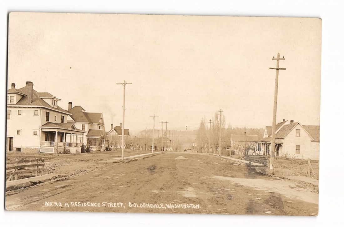 Goldendale, WA Residence Street View, Houses & Utility Poles, RPPC Sepia Postcard, c. 1900s (1 of 2)
