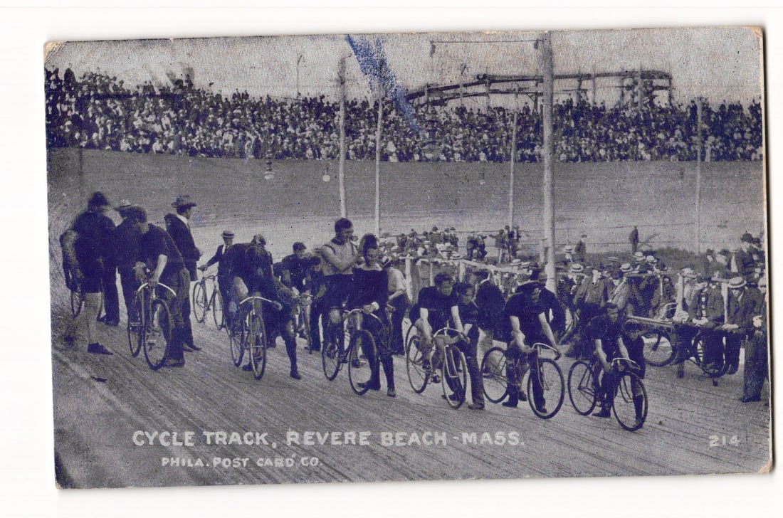 Vintage Postcard: Men Cycling on the Cycle Track at Revere Beach, Massachusetts, circa 1905. (1 of 2)