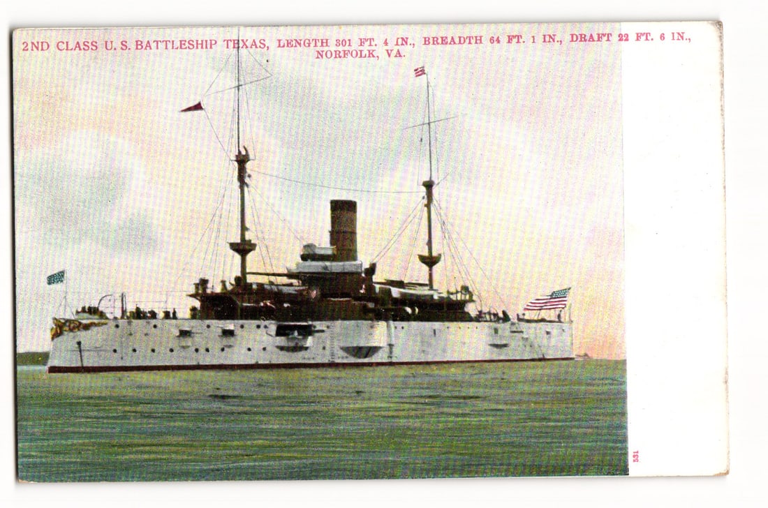 Postcard: 2nd Class U.S. Battleship Texas, Norfolk, VA, Dimensions, A.C. Bosselman & Co.: A colorized image depicting the 2nd Class U.S. Battleship Texas at sea. The vessel is shown from the port side, displaying its two masts with rigging, a central smokestack, and visible gun turrets. An