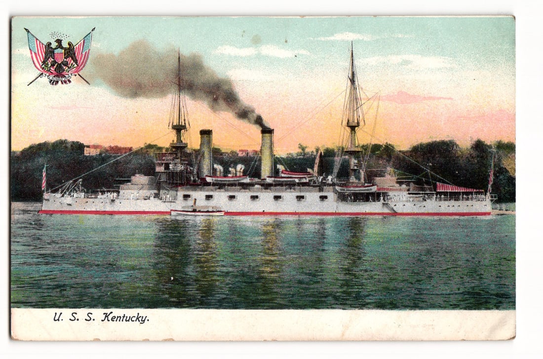 U.S.S. Kentucky Battleship, Naval Scene with Shoreline, Early 20th Century Colorized Postcard (1 of 2)
