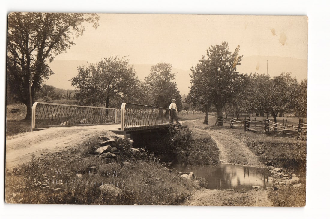 Cairo, NY: Real Photo Postcard of Man on Metal Bridge Over Creek, Rural Wooded Landscape (1 of 2)