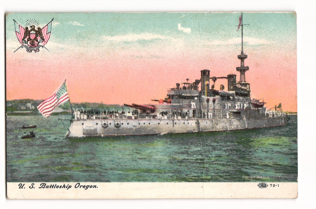 U.S. Battleship Oregon, colorized lithograph postcard, copyright 1908 by Arthur C. Brewerton: A colorized image depicting the U.S. Battleship Oregon on the water, viewed from a port side, slightly stern-quarter perspective. The warship features multiple gun turrets, twin smokestacks, and a pro