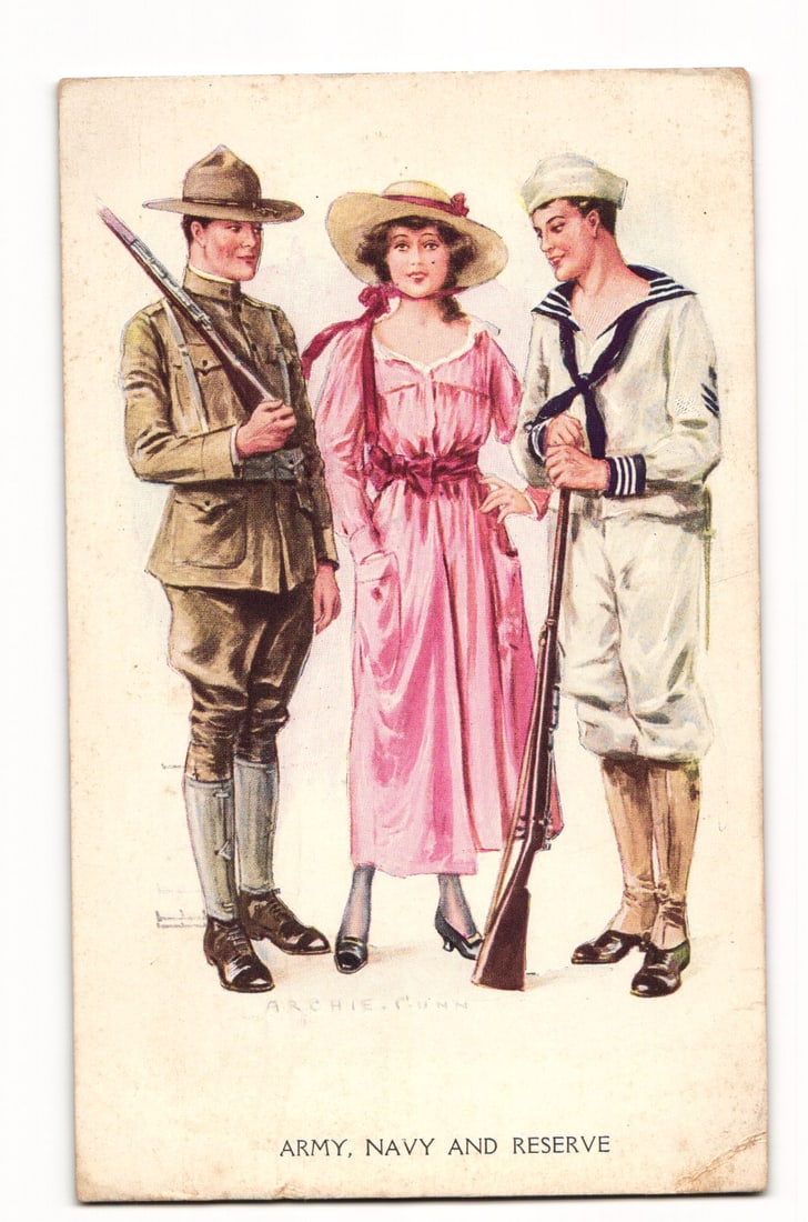 Archie Gunn Illustrated Postcard: Army, Navy and Reserve with Woman, WWI Era Military Theme: Color illustration by Archie Gunn showing three figures: a soldier in khaki uniform and campaign hat with rifle; a central woman in a pink dress and straw hat; and a sailor in white uniform with rifle