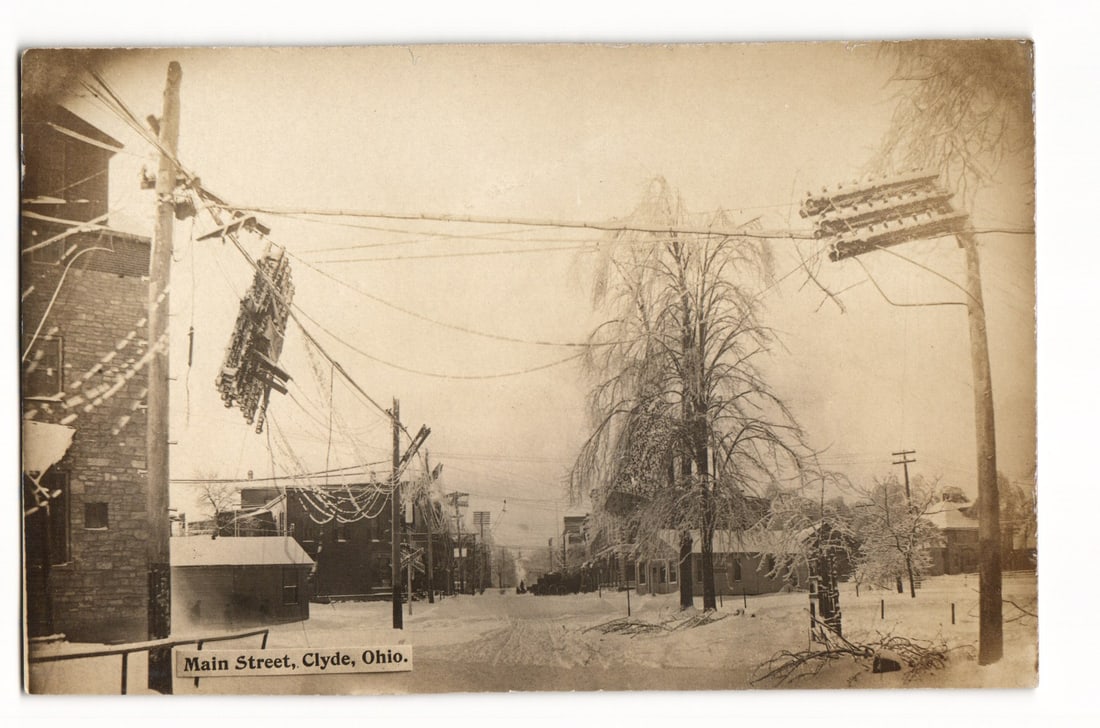 Clyde, Ohio Main Street Winter Ice Storm Damage, Downed Power Lines Real Photo Postcard, 1954 (1 of 2)