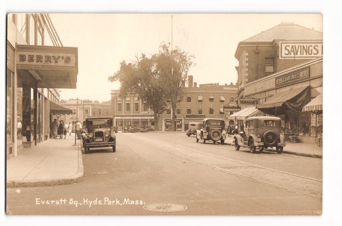 Everett Sq., Hyde Park, Mass. Street Scene with Early Automobiles & Signage, Photograph Postcard (1 of 2)