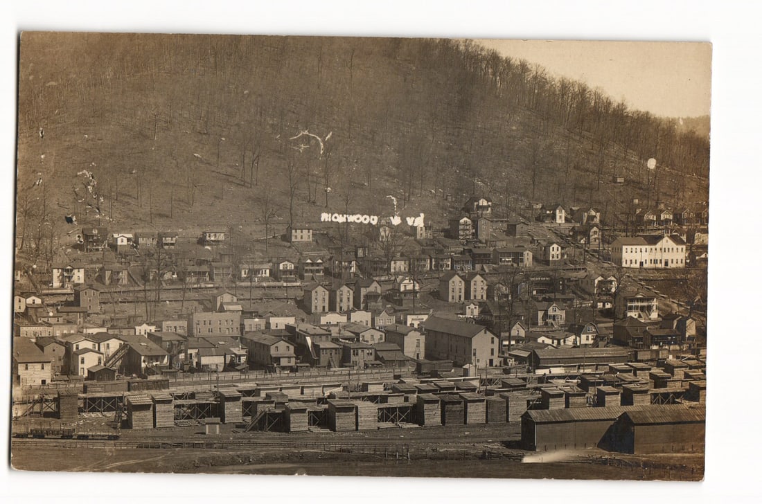 Richwood, W. VA. Panoramic Town View, Hillside Sign, Rail Cars, Early 20th C. RPPC Postcard (1 of 2)