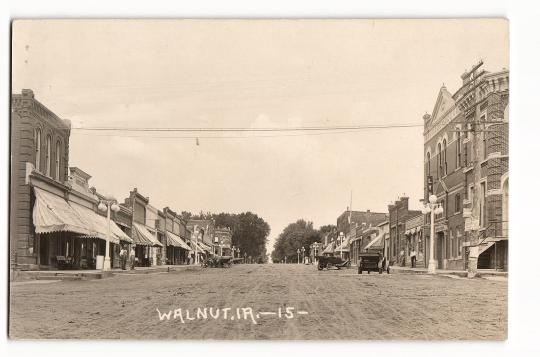 Walnut, Iowa Main Street Scene with Vintage Automobiles and Businesses, Early 20th C. RPPC postcard (1 of 2)