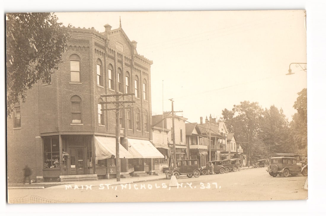 Main St, Nichols, N.Y. Street Scene, Early Autos, Eastern Illustrating Co. RPPC Postcard (1 of 2)