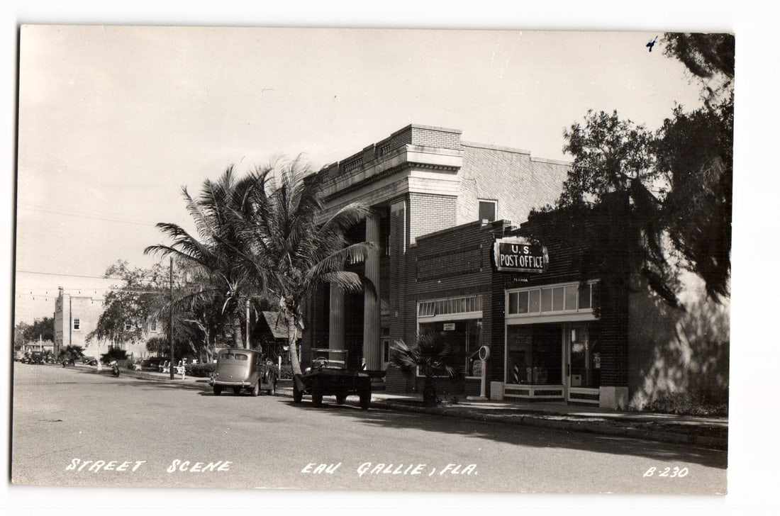 Eau Gallie, Florida Street Scene, U.S. Post Office, Vintage Autos, Photographic Postcard B-230 (1 of 2)