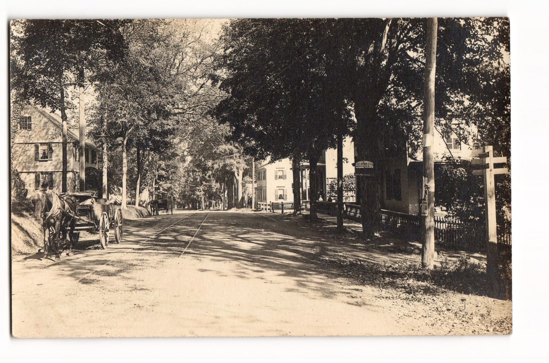 Berlin, Conn. Street Scene with Horse-Drawn Carriages & Road Sign to E. Berlin, RPPC Postcard (1 of 2)