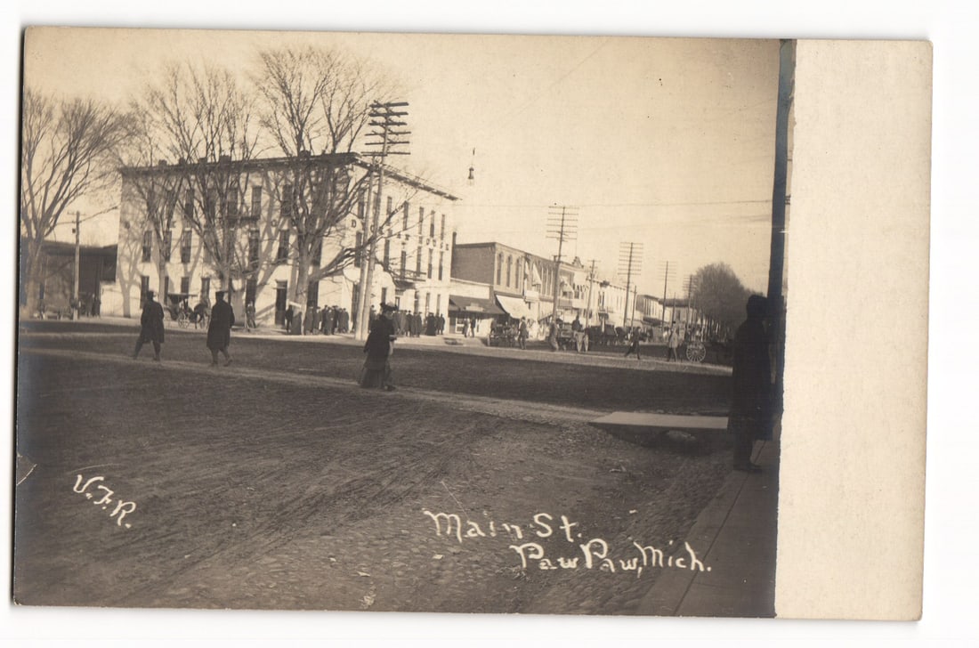 Main Street Scene, Paw Paw, Michigan, Early 20th Century Real Photo Postcard, V.F.R. Series (1 of 2)