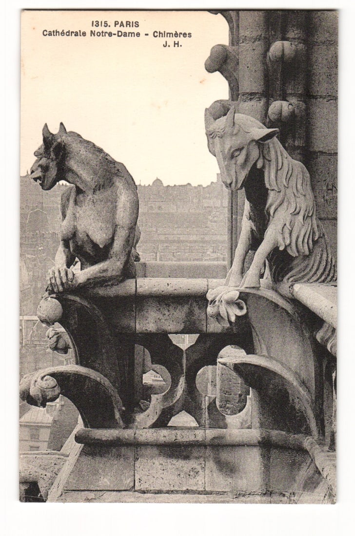 Paris, Cathédrale Notre-Dame - Chimères Statues by J.H., Architectural Detail View Postcard: A photographic view depicts two stone chimera statues on an exterior balcony of a cathedral. The chimera on the left, a muscular, horned figure with cloven hooves, leans on the balustrade, its right h
