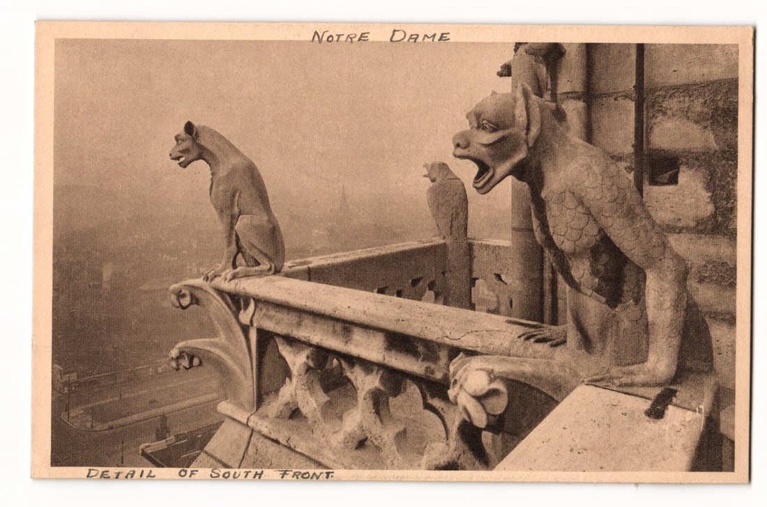 Edition d'Art YVON Notre Dame Cathedral Gargoyles, Detail of South Front, Paris, France: A sepia-toned photographic image showing three stone gargoyle sculptures perched on the balustrade of a building, identified as Notre Dame. The gargoyle in the right foreground is depicted in a three-