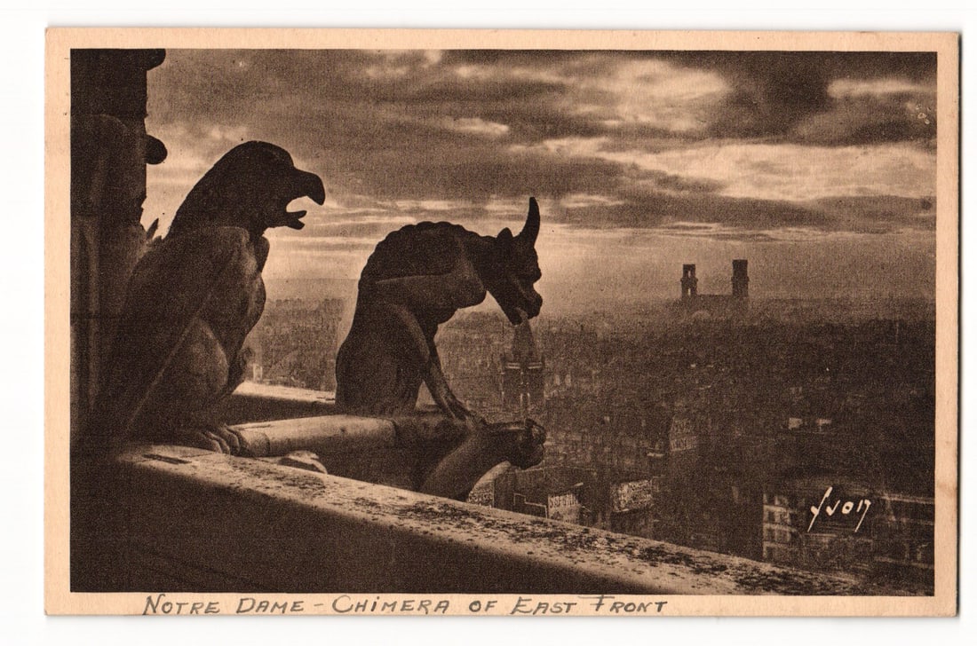 Paris, Notre Dame Cathedral, Chimera of East Front, View with Gargoyles, Edition d'Art YVON: A sepia-toned photographic image displays a view from an elevated position, characteristic of a photographic postcard. Two prominent stone chimeras are in the foreground, situated on a balustrade. The