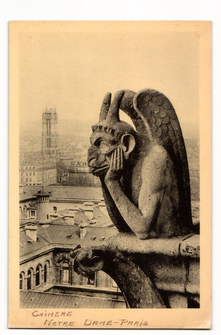 Postcard of Chimera Sculpture, Notre Dame Cathedral, Overlooking Paris Rooftops, Sepia Photo: A sepia-toned photographic postcard. The image features a close-up, right-profile view of a stone chimera sculpture. The chimera is depicted with its head resting in its hands, elbows on a ledge, look
