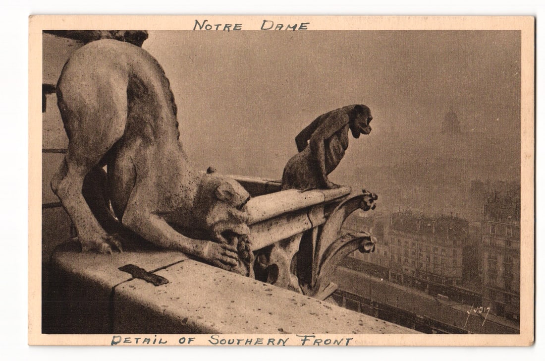 Notre Dame Cathedral, Paris: Gargoyles on Southern Front, Edition d'Art YVON: A sepia-toned photograph presents a close-up view of two stone gargoyles on a balustrade, identified as part of Notre Dame. The prominent foreground gargoyle is viewed from its rear three-quarters, ap