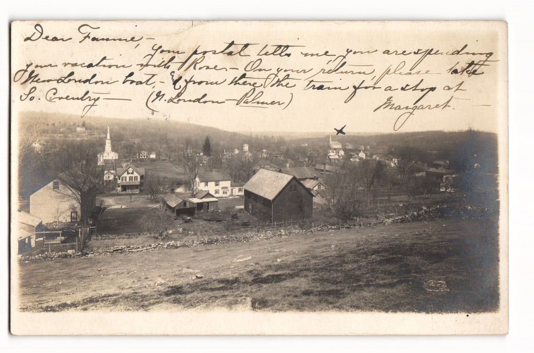 Postcard: Elevated View of So. Coventry, Connecticut Village, Handwritten Note, 1906 Postmark (1 of 2)