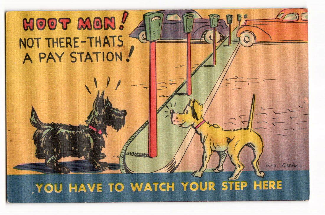 Hoot Mon! Dogs at Pay Station Comic MWM "Burdichrome" Linen Postcard, Postmarked 1946 (1 of 2)