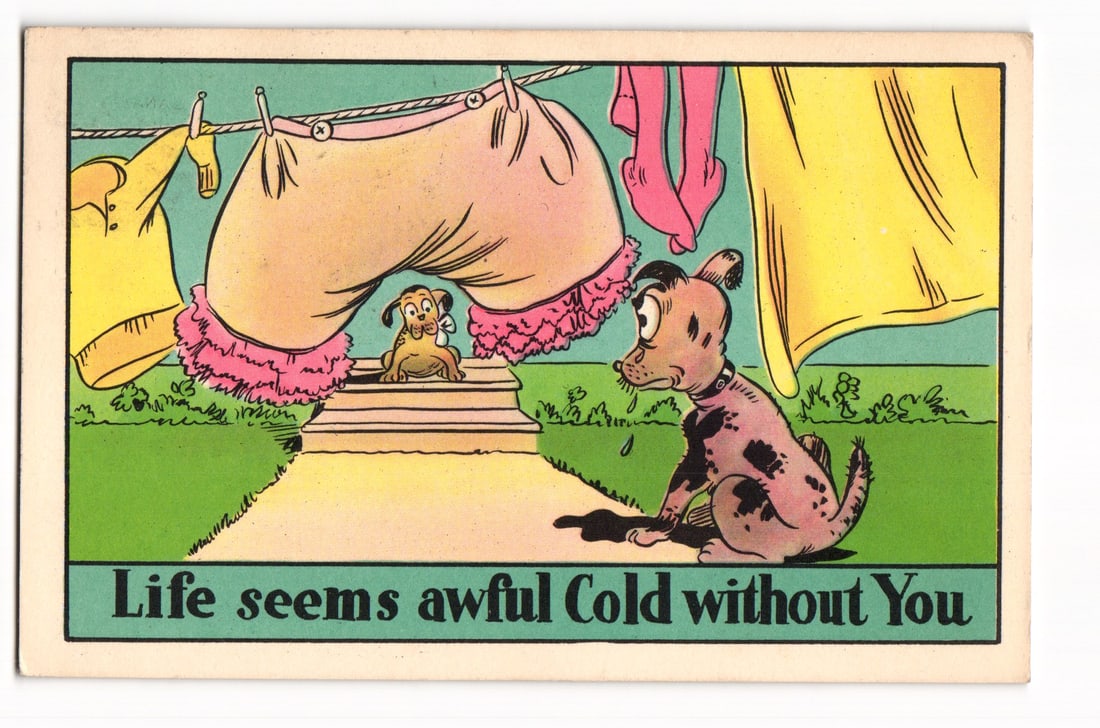 Postcard: Cartoon Dogs, 'Life seems awful Cold without You', Laundry Line, Canada, c. 1954: A color printed illustration features two dogs in an outdoor setting. In the foreground, a medium-sized, brown-spotted dog with a black collar sits on green grass, appearing sad with a slight drool. B