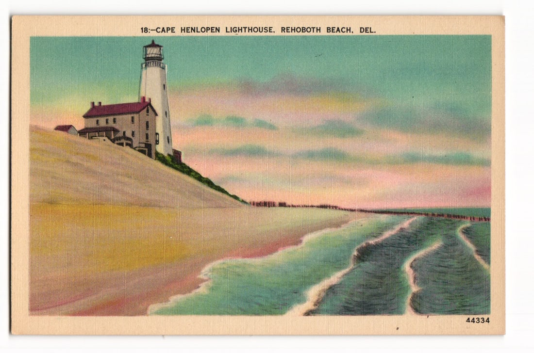 Postcard: Cape Henlopen Lighthouse and Beach Scene, Rehoboth Beach, Delaware, No. 18 (1 of 2)