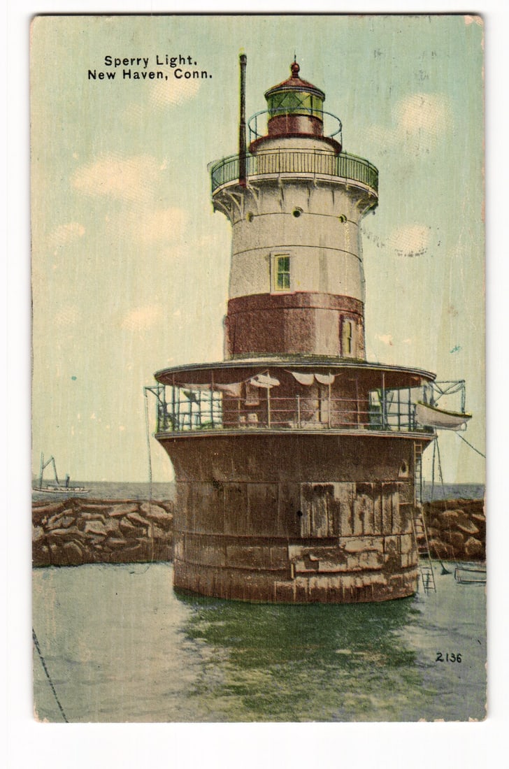 Color Postcard of Sperry Light Lighthouse in New Haven, Connecticut. Postmarked March 2, 1916.: A color image depicts the Sperry Light, a cylindrical lighthouse. Its white upper section features a green-roofed lantern room with a white railing, positioned above a red-banded middle section. The w